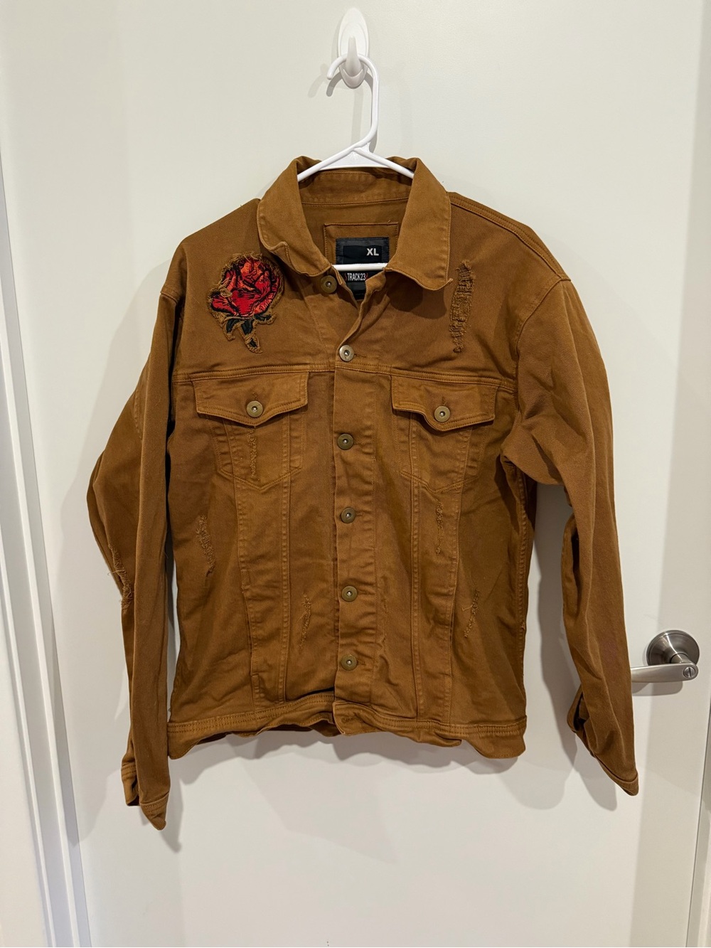 Trac Brown Distressed Trucker Jacket with Red Rose Patch